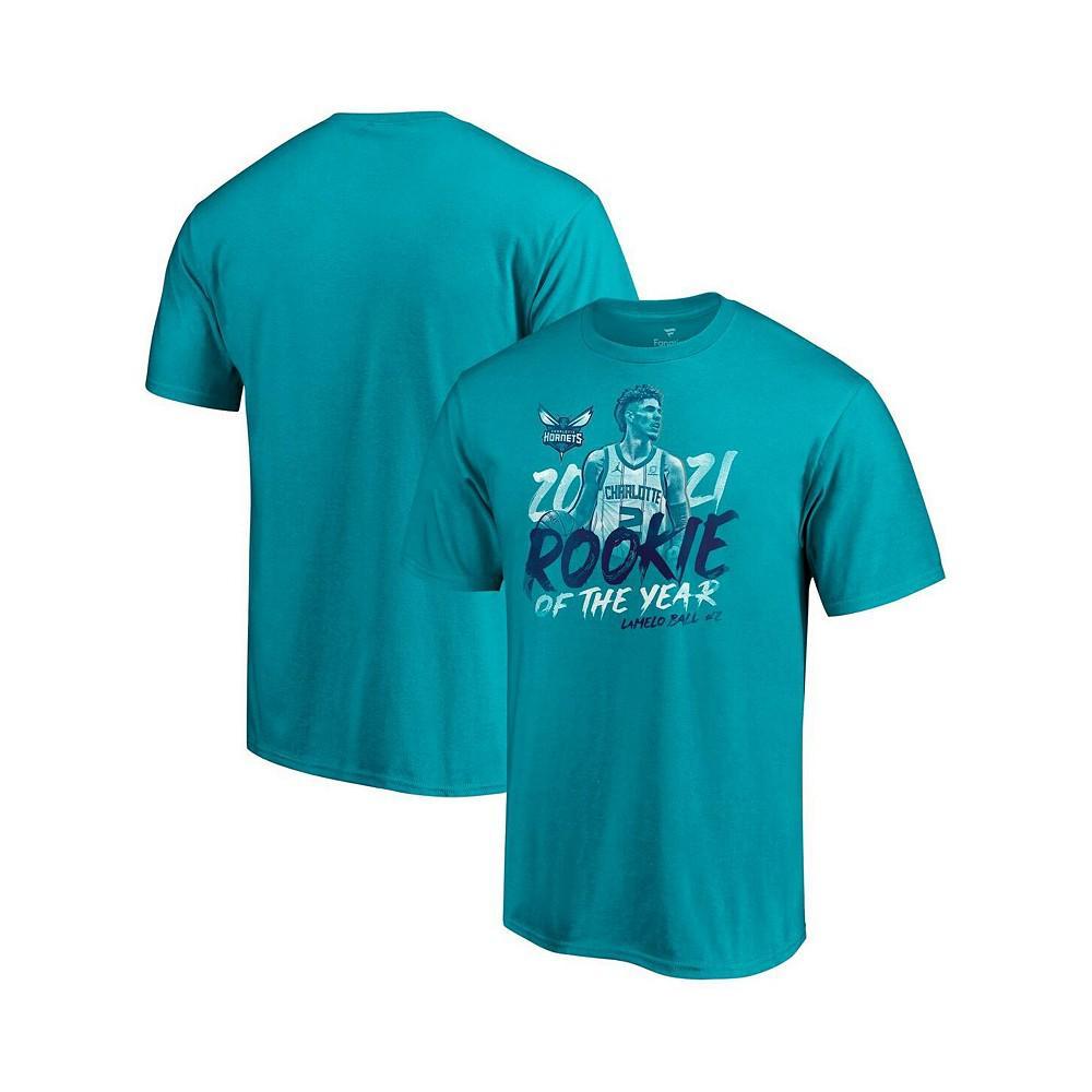 商品Fanatics|Men's Lamelo Ball Teal Charlotte Hornets 2021 Nba Rookie Of The Year T-shirt,价格¥194,第1张图片