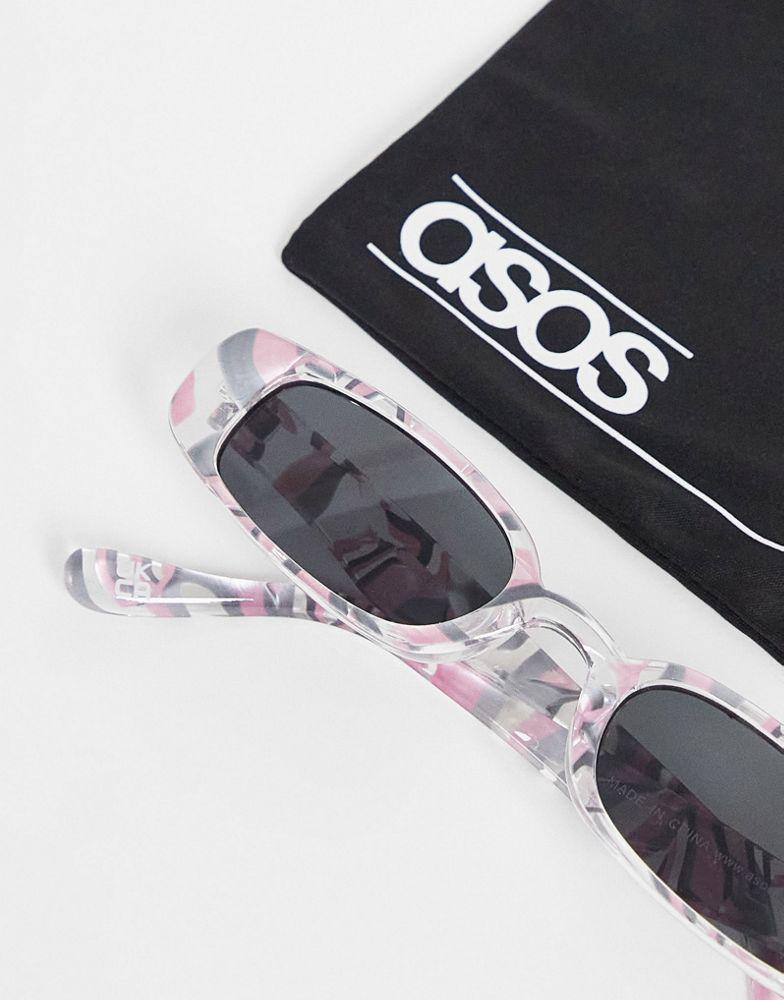 ASOS DESIGN slim rectangle sunglasses with smoke lens in pink marble effect - MULTI商品第3张图片规格展示