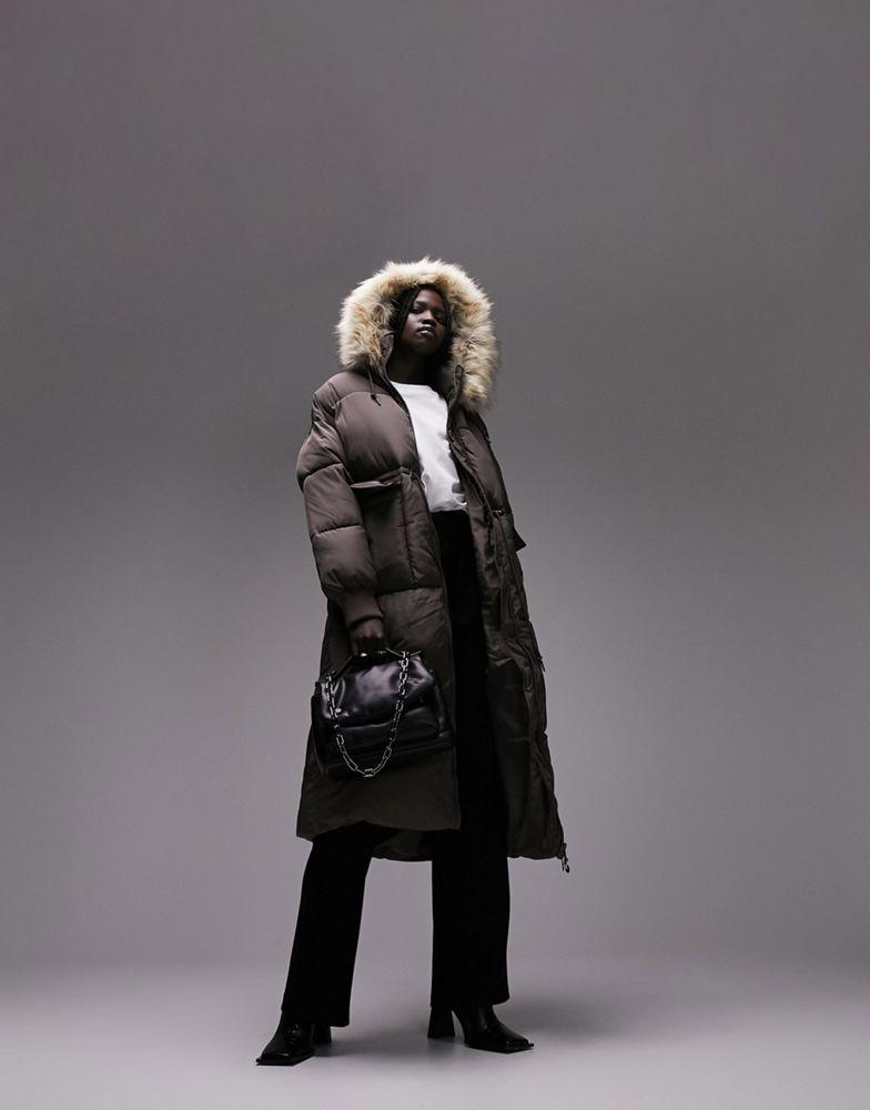 Topshop longline puffer coat in faux fur trim hood in grey商品第4张图片规格展示