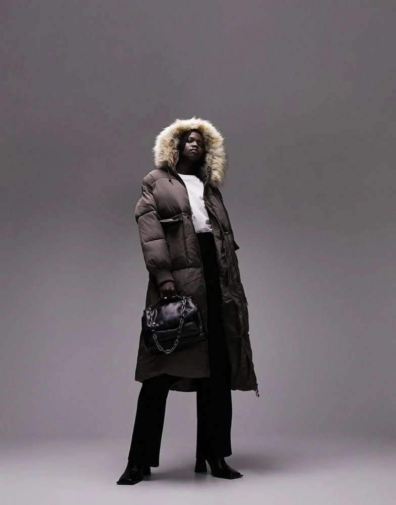 商品Topshop|Topshop longline puffer coat in faux fur trim hood in grey,价格¥497,第4张图片详细描述