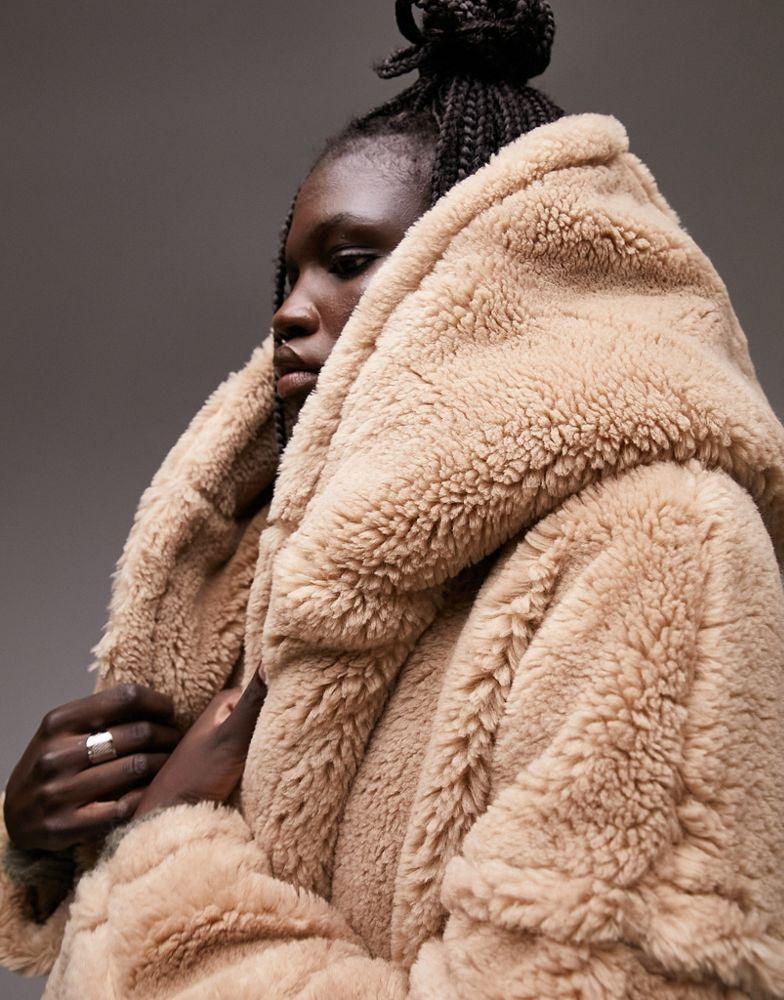 Topshop hooded borg coat in camel商品第3张图片规格展示