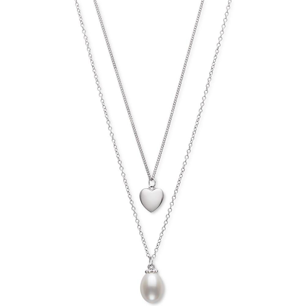Cultured Freshwater Pearl (8mm) & Polished Heart Layered Necklace in Sterling Silver, 16" + 1" extender商品第1张图片规格展示