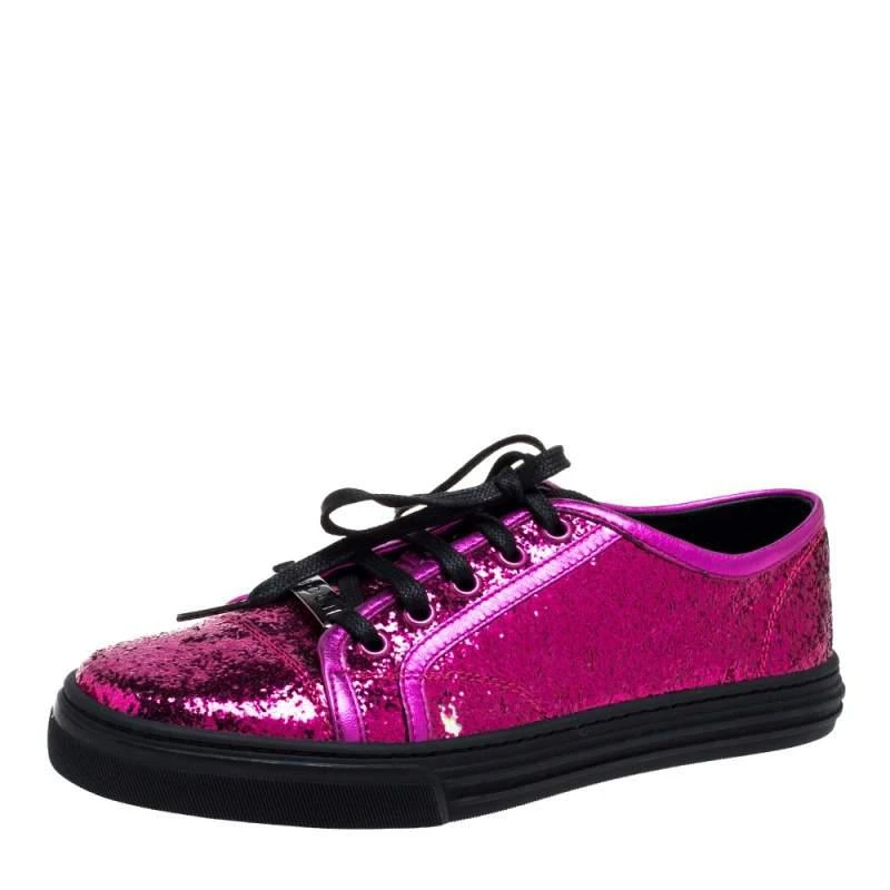 商品[二手商品] Gucci|Gucci Metallic Pink Coarse Glitter And Leather Trim Low Top Sneakers Size 38,价格¥1247,第1张图片