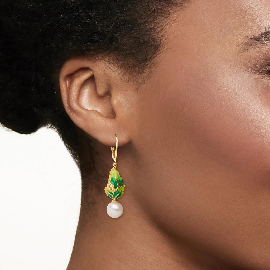 商品Ross-Simons|Ross-Simons 8.5-9mm Cultured Pearl and . Peridot Leaf Drop Earrings With Multicolored Enamel in 18kt Gold Over Sterling,价格¥1175,第2张图片详细描述