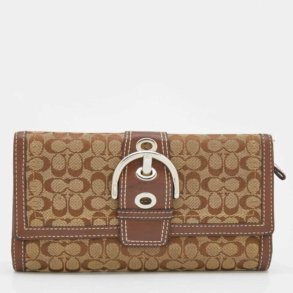 商品[二手商品] Coach|Coach Beige/Brown Signature Canvas and Leather Buckle Detail Continental Wallet,价格¥1148,第1张图片