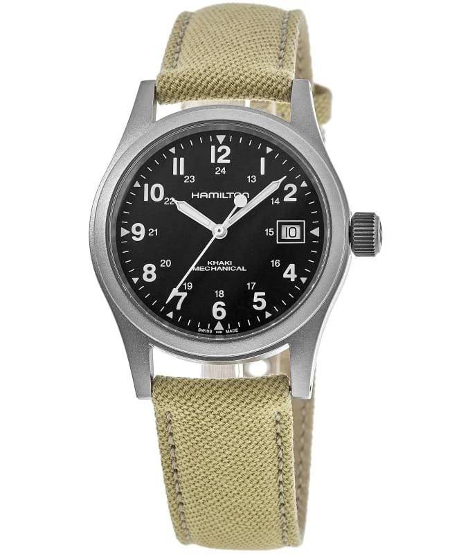 商品Hamilton|Hamilton Khaki Field Mechanical Black Dial Beige Fabric Strap Men's Watch H69439933,价格¥3796,第1张图片