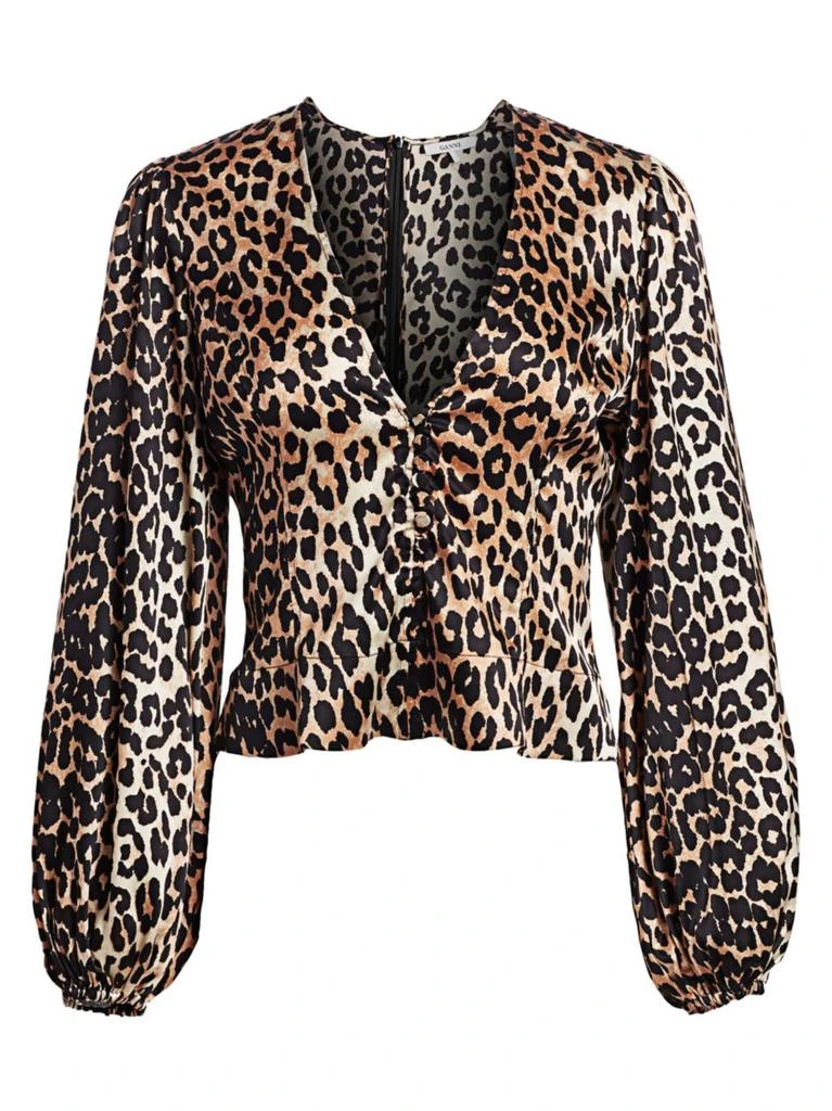 商品Ganni|Stretch Silk Satin Leopard-Print Crop Blouse,价格¥712,第1张图片