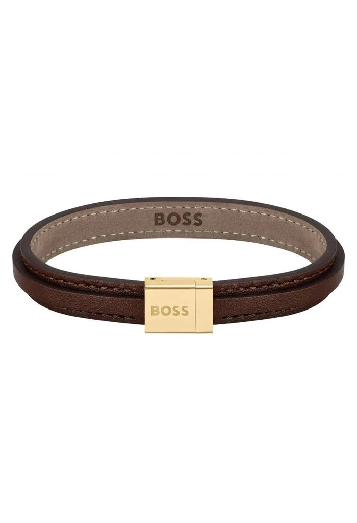 商品Hugo Boss|BOSS Gents Gold Plated Grover Brown Leather Bracelet,价格¥731,第1张图片