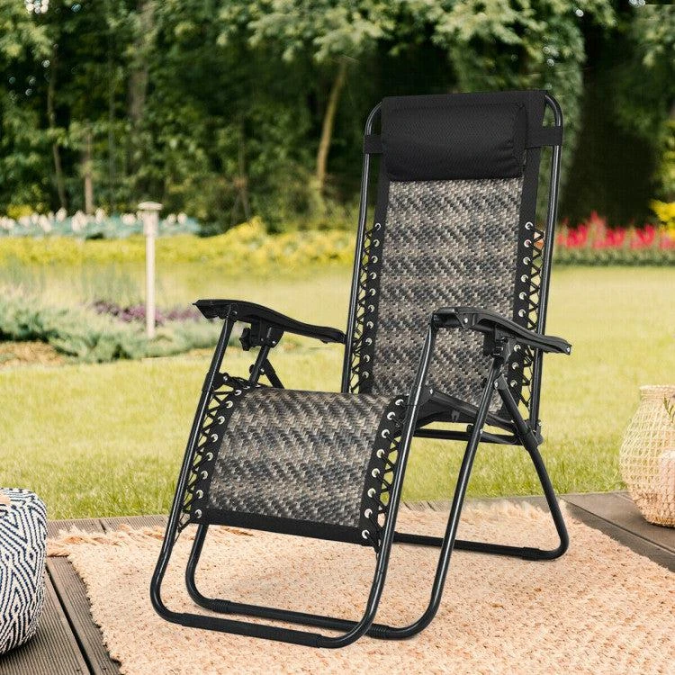 商品Hivvago|Folding Rattan Zero Gravity Lounge Chair with Removable Head Pillow-Gray,价格¥599,第2张图片详细描述