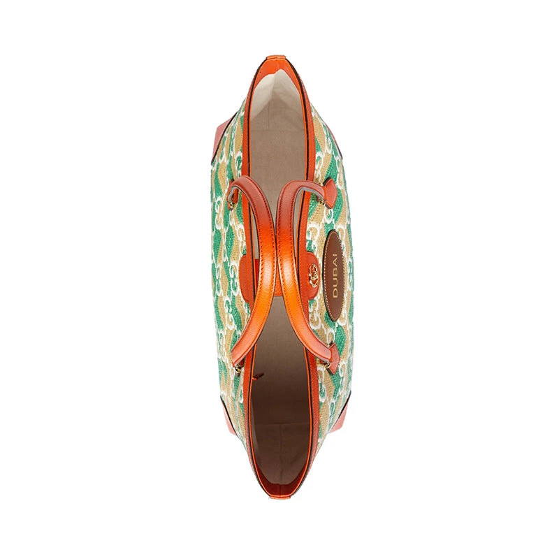 商品Gucci|【包税】GUCCI/古驰 22新款 女士绿色/奶油色草编面料配橙色皮革GG老花DUBAI字样刺绣手提包托特包631685UYFIG8826,价格¥13046,第4张图片详细描述