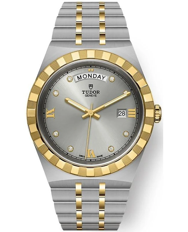 商品Tudor|Tudor Royal Silver Diamond Dial Stainless Steel and Yellow Gold Unisex Watch M28603-0002,价格¥34122,第1张图片