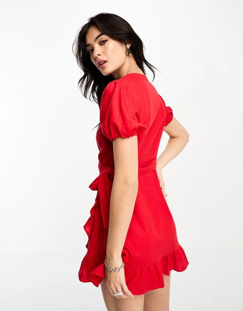 商品Bershka|Bershka wrap front linen look mini dress in red,价格¥280,第2张图片详细描述