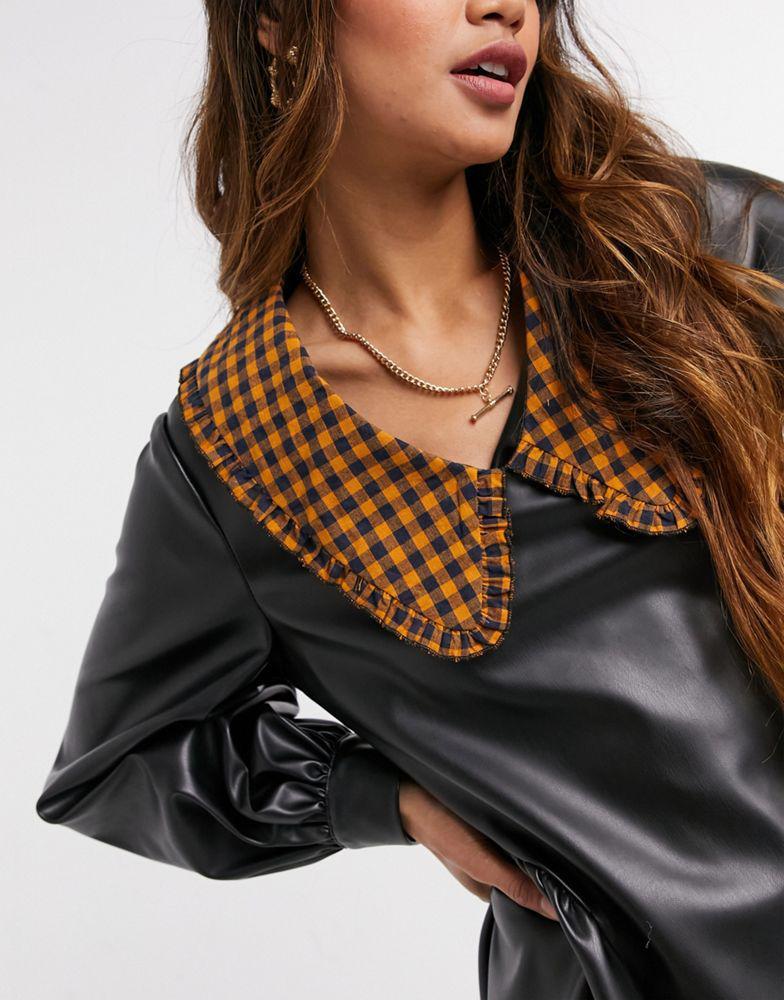 商品ASOS|ASOS DESIGN check collar leather look mini dress in black,价格¥131,第5张图片详细描述