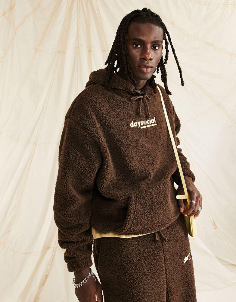 ASOS Daysocial co-ord oversized hoodie in teddy borg with large back logo embroidery in brown商品第2张图片规格展示