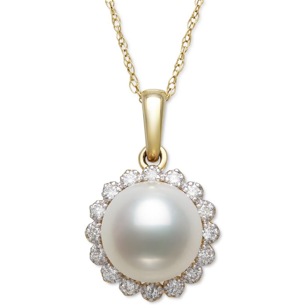 Cultured Freshwater Pearl (7mm) & Diamond (1/8 ct. t.w.) Halo 18" Pendant Necklace in 14k Gold. Created for Macy's商品第1张图片规格展示