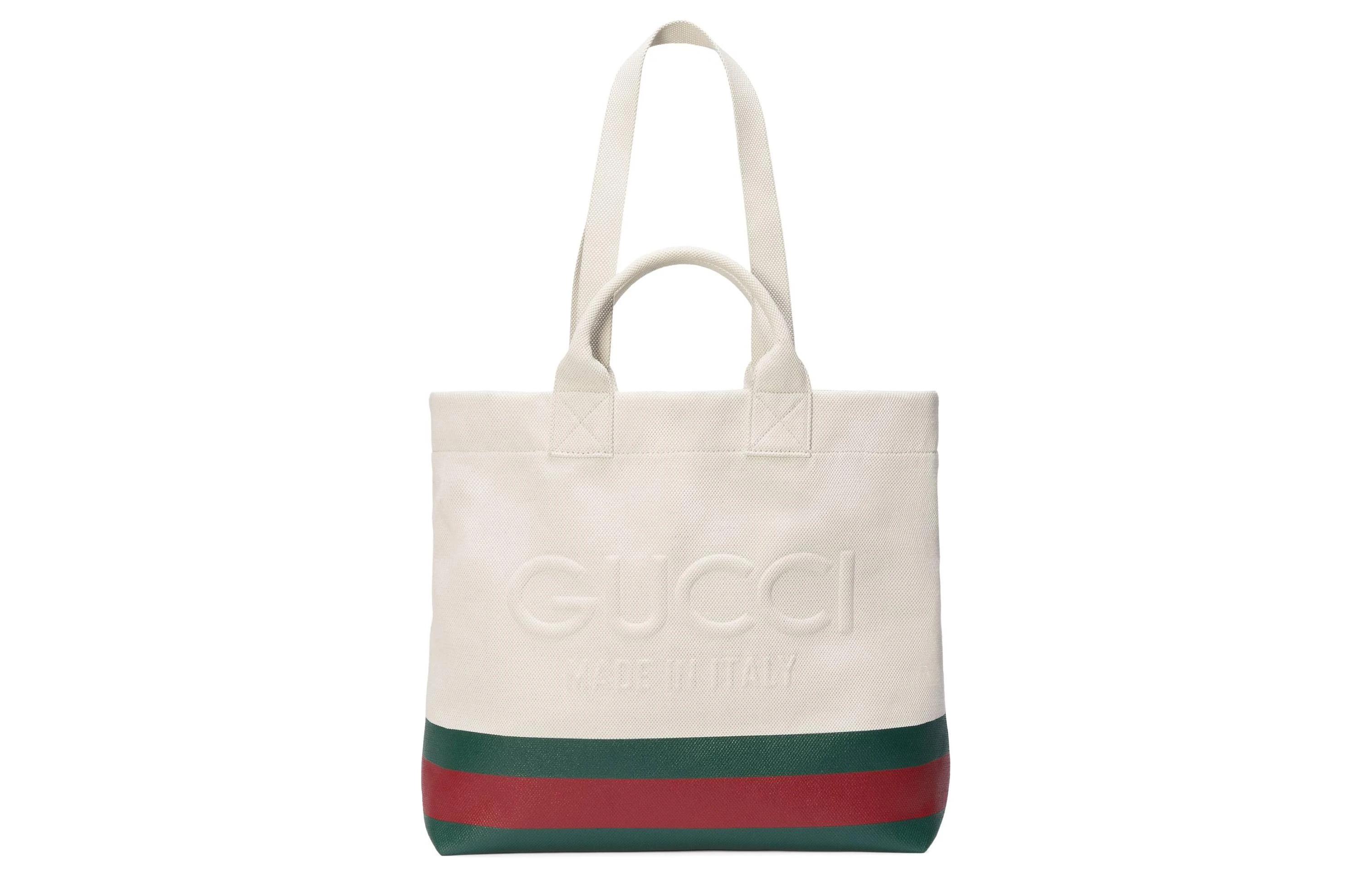商品[国内直发] Gucci|古驰 字母压花 天然帆布 托特包Tote包购物袋单肩斜挎手提包帆布包 中号 男款 白色拼绿色,价格¥4746,第9张图片详细描述