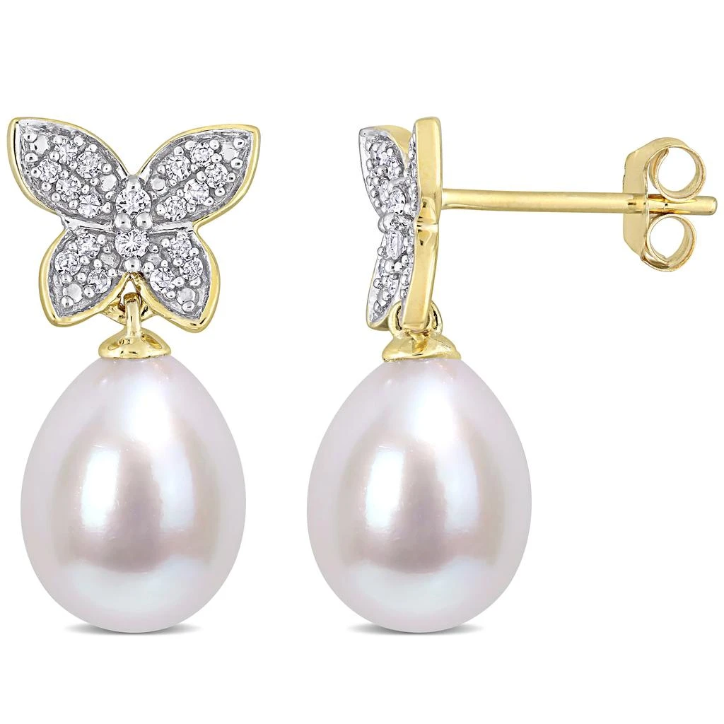 商品Mimi & Max|8.5-9 MM Freshwater Cultured Pearl and 1/8 CT TDW Diamond Butterfly Drop Earrings in 10k Yellow Gold,价格¥1536,第1张图片