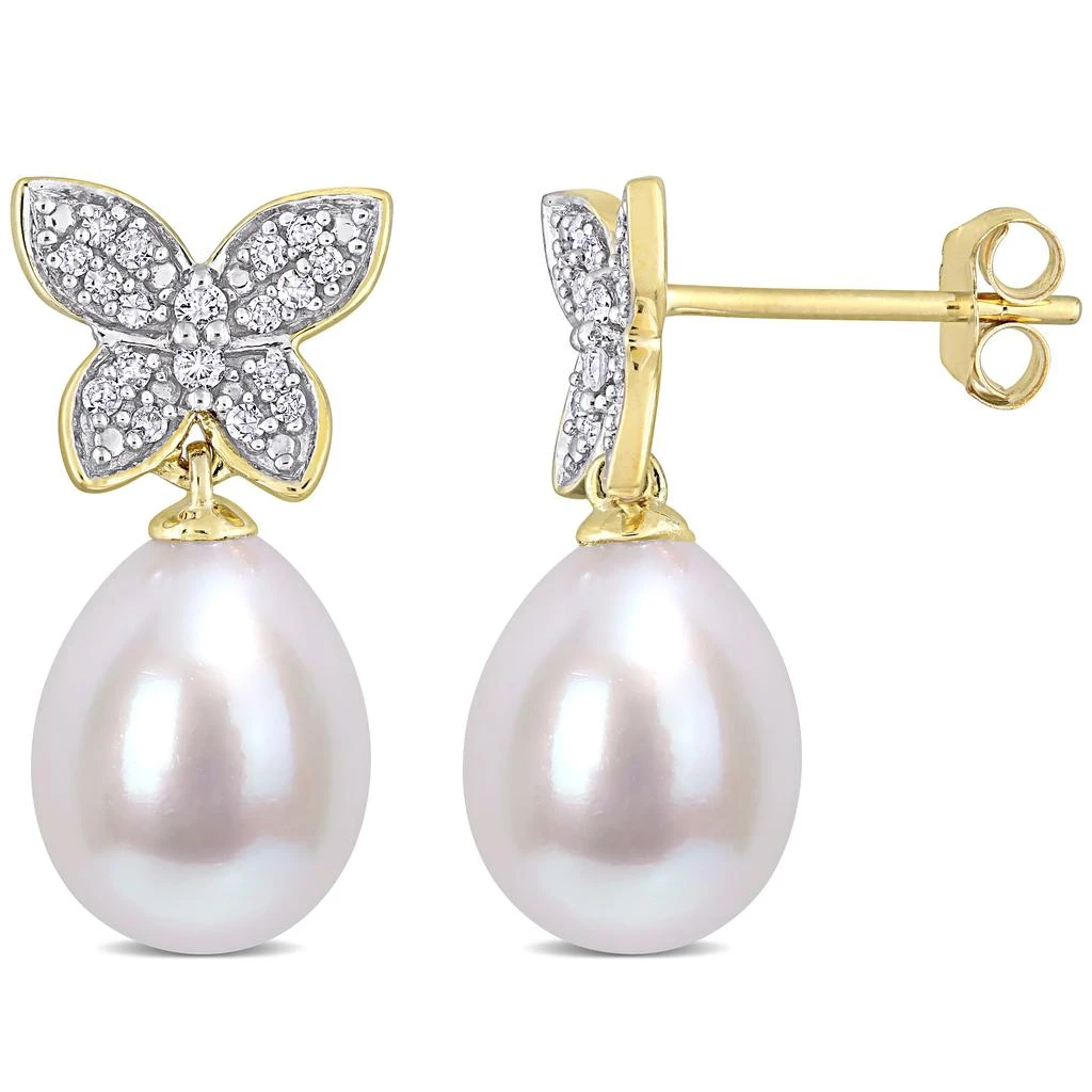 商品Mimi & Max|8.5-9 MM Freshwater Cultured Pearl and 1/8 CT TDW Diamond Butterfly Drop Earrings in 10k Yellow Gold,价格¥1636,第1张图片