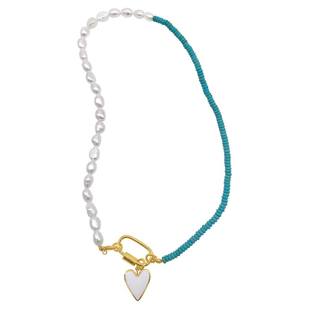 Turquoise and Freshwater Pearl Lock and Heart Pendant Necklace商品第1张图片规格展示