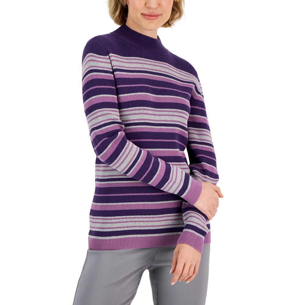 商品Karen Scott|Women's Striped Cotton Mock Neck Sweater, Created for Macy's,价格¥340,第1张图片