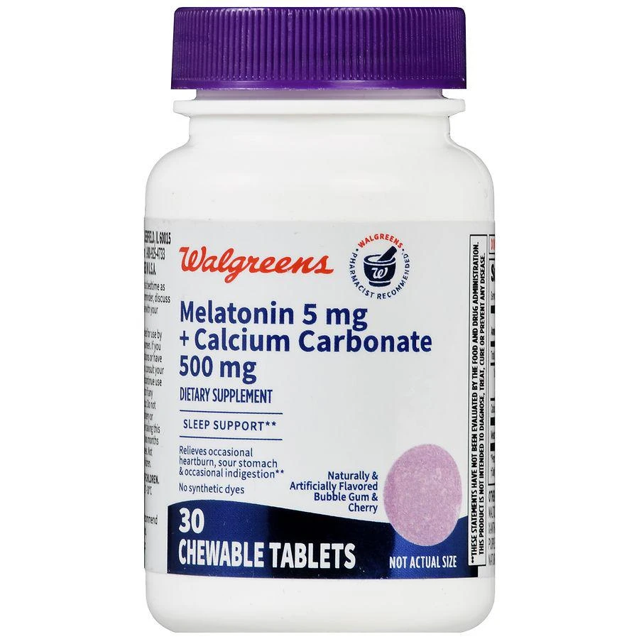 商品Walgreens|Melatonin 5 mg  + Calcium Carbonate 500 mg Chewable Tablets Bubble Gum & Cherry,价格¥44,第2张图片详细描述