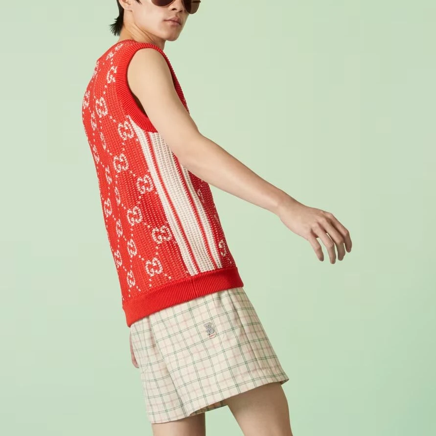 商品[国内直发] Gucci|古驰 图案印花缕空无袖马甲 男款 红色,价格¥3536,第4张图片详细描述