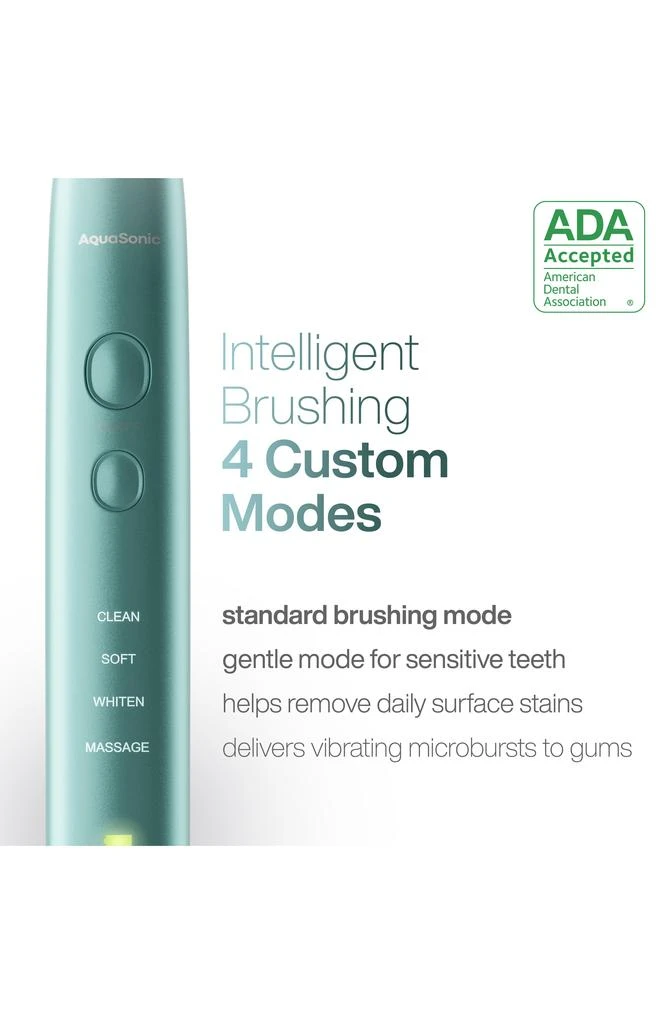 商品AquaSonic|VIBE SERIES Mint Green UltraSonic Whitening Toothbrush with 8 DuPont Brush Heads & Travel Case,价格¥260,第2张图片详细描述