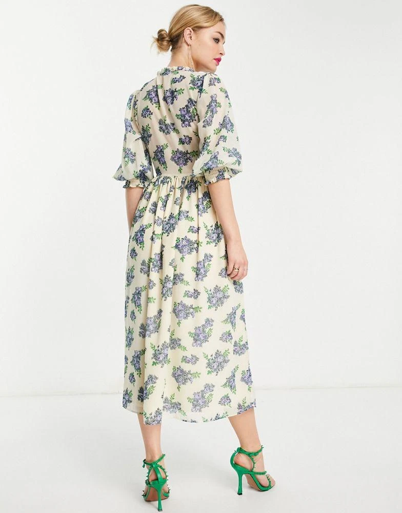 商品ASOS|ASOS DESIGN midi smock dress with shirred cuffs in white base floral print,价格¥213,第2张图片详细描述