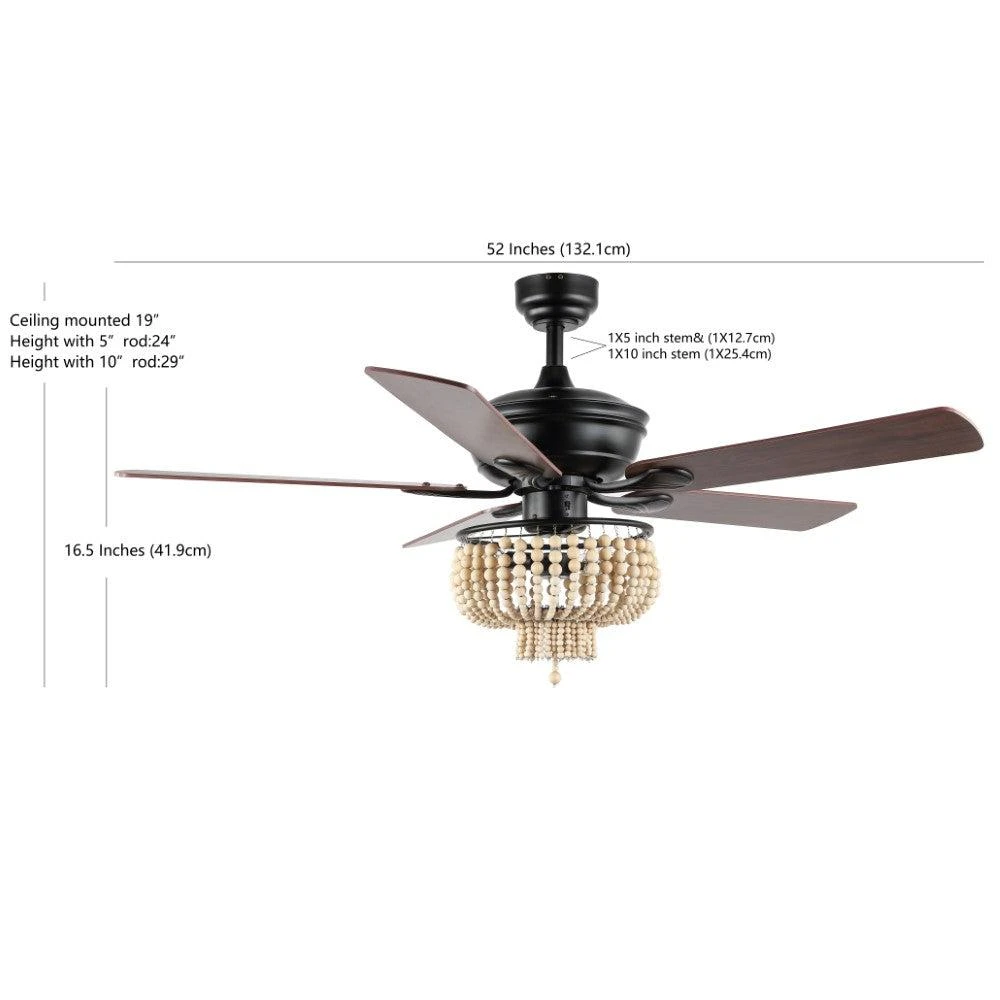 商品JONATHAN Y|Opal 52" 3-Light Farmhouse Rustic Wood Bead Shade LED Ceiling Fan With Remote,价格¥3111,第5张图片详细描述