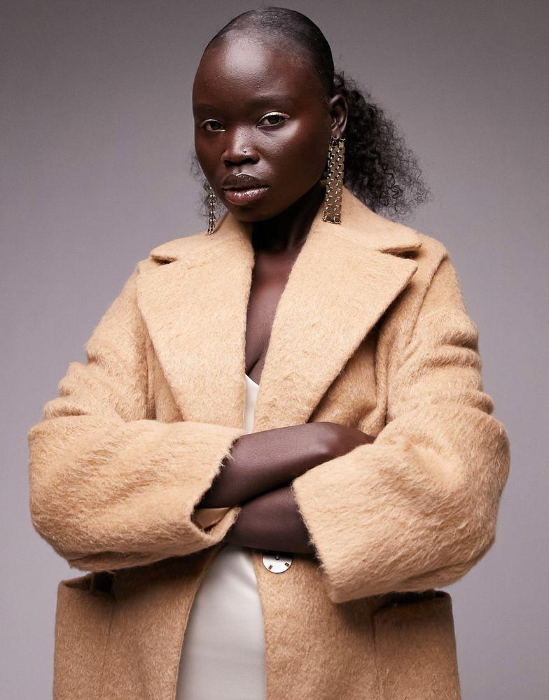 商品Topshop|Topshop Petite longline chuck-on brushed coat in camel,价格¥492,第4张图片详细描述
