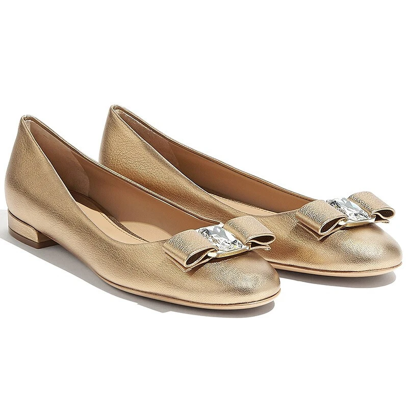 SALVATORE FERRAGAMO 女士金色牛皮蝴蝶结嵌钻平底鞋 0695356 商品