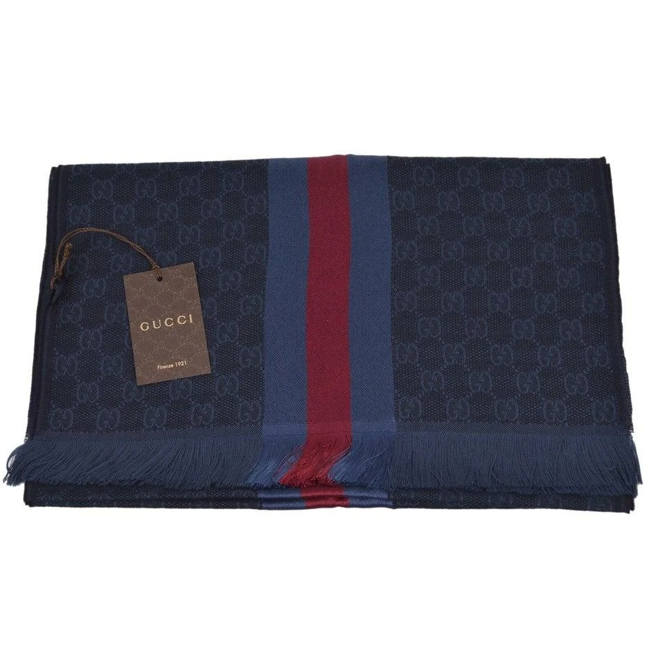 商品Gucci|Gucci 古驰 GG字母条纹羊毛真丝混纺围巾 - 蓝色,价格¥3674,第1张图片