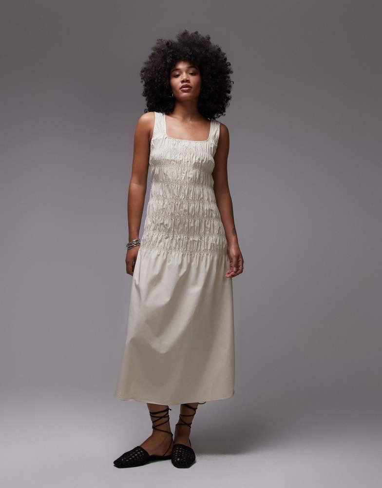 ARKET cotton rich midi dress with smocked bodice and drop waist in beige-Neutral