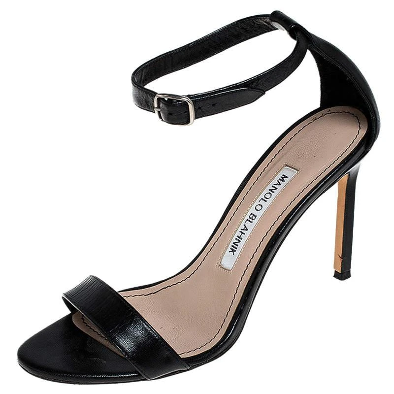 商品[二手商品] Manolo Blahnik|Manolo Blahnik Black Leather Chaos Ankle Strap Sandals Size 36,价格¥1613,第1张图片
