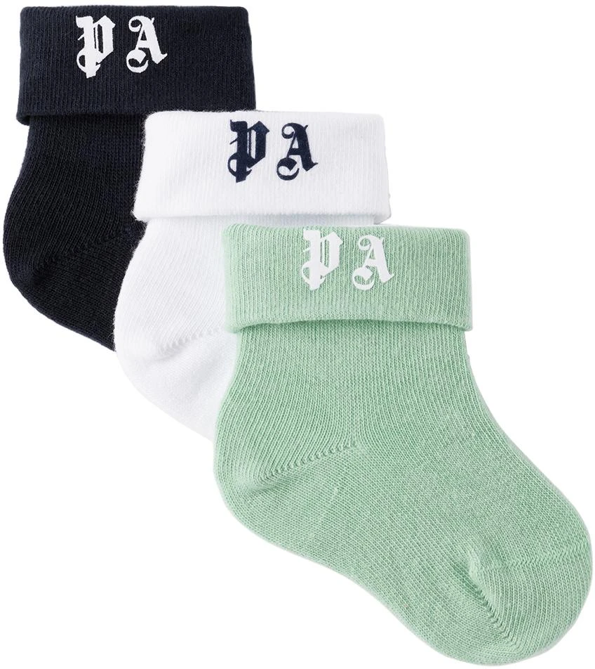 商品Palm Angels|三双装绿色 & 白色徽标婴儿短筒袜,价格¥349,第1张图片