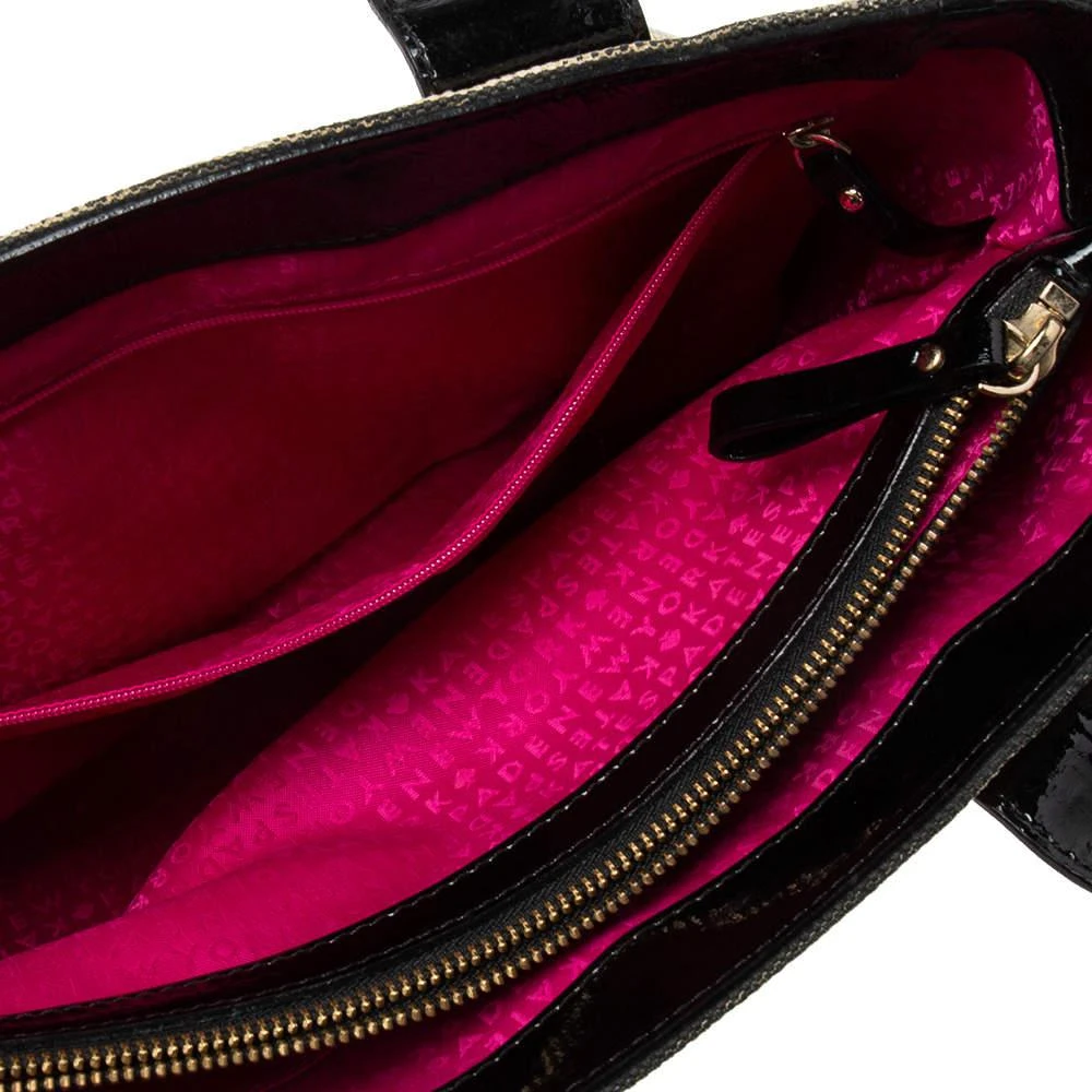 Kate Spade Black/Beige Striped Canvas and Patent Leather Bow Tote 商品