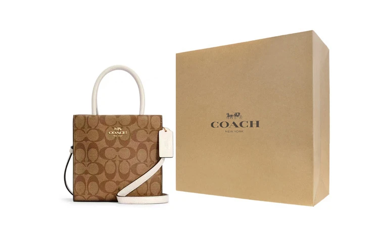 商品[国内直发] Coach|蔻驰 Cally 17 经典拼色老花 帆布配皮 纸袋包琴谱包托特包Tote包购物袋手提单肩斜挎包 迷你 女款 白色配棕色老花,价格¥1491,第8张图片详细描述