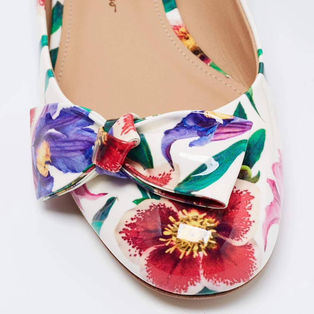 Salvatore Ferragamo White Floral Print Patent Leather Avola Bow Ballet Flats Size 37 商品