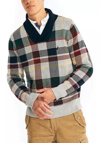 Plaid Jacquard Shawl Collar Sweater商品第1张图片规格展示