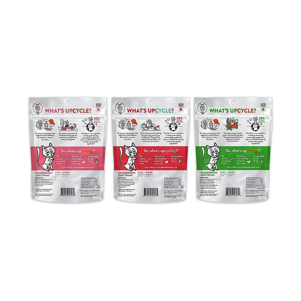 商品Shameless Pets|Cat Treats - Crunchy Treats for Cats with Catnip, Coat, & Digestive Support, Sustainable Upcycled Natural Ingredients & Real Meat, Catnip N Chill, Yam Good Salmon, and More Lobster, Cheese (1 of each) - Variety, 3-Pk,价格¥169,第3张图片详细描述