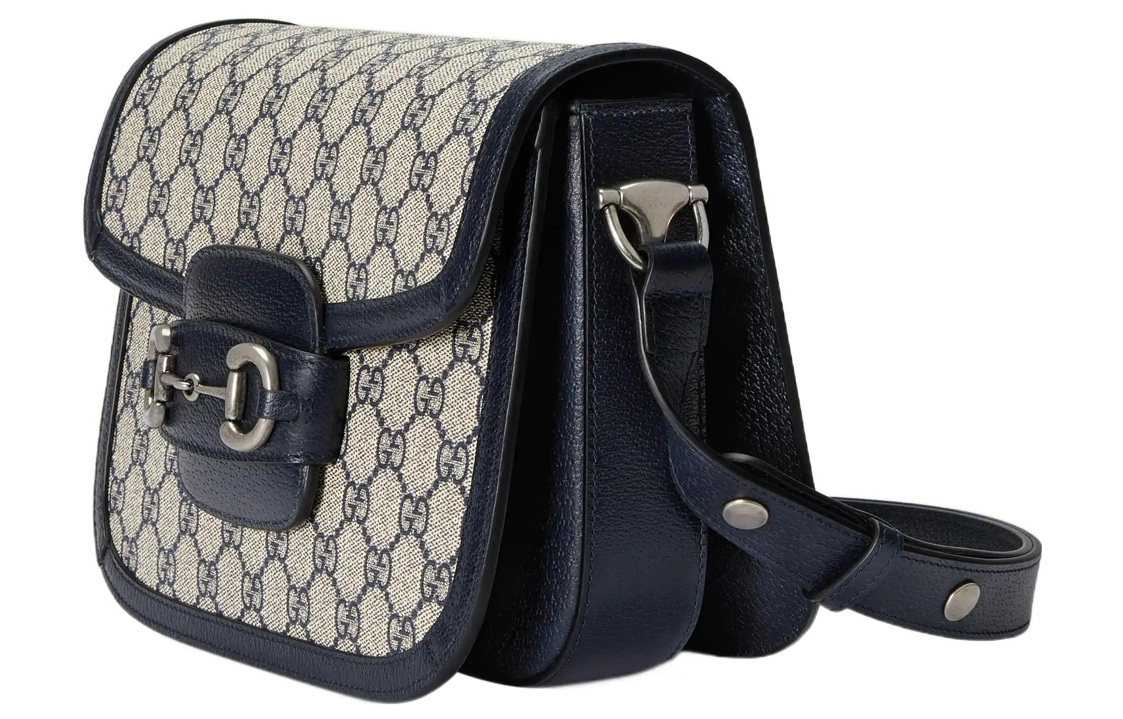 商品[国内直发] Gucci|古驰 Horsebit 1955 复古银扣马衔扣老花Logo 帆布拼皮革饰边 手提单肩斜挎包 小号 男女同款 蓝色/米色,价格¥12716,第3张图片详细描述