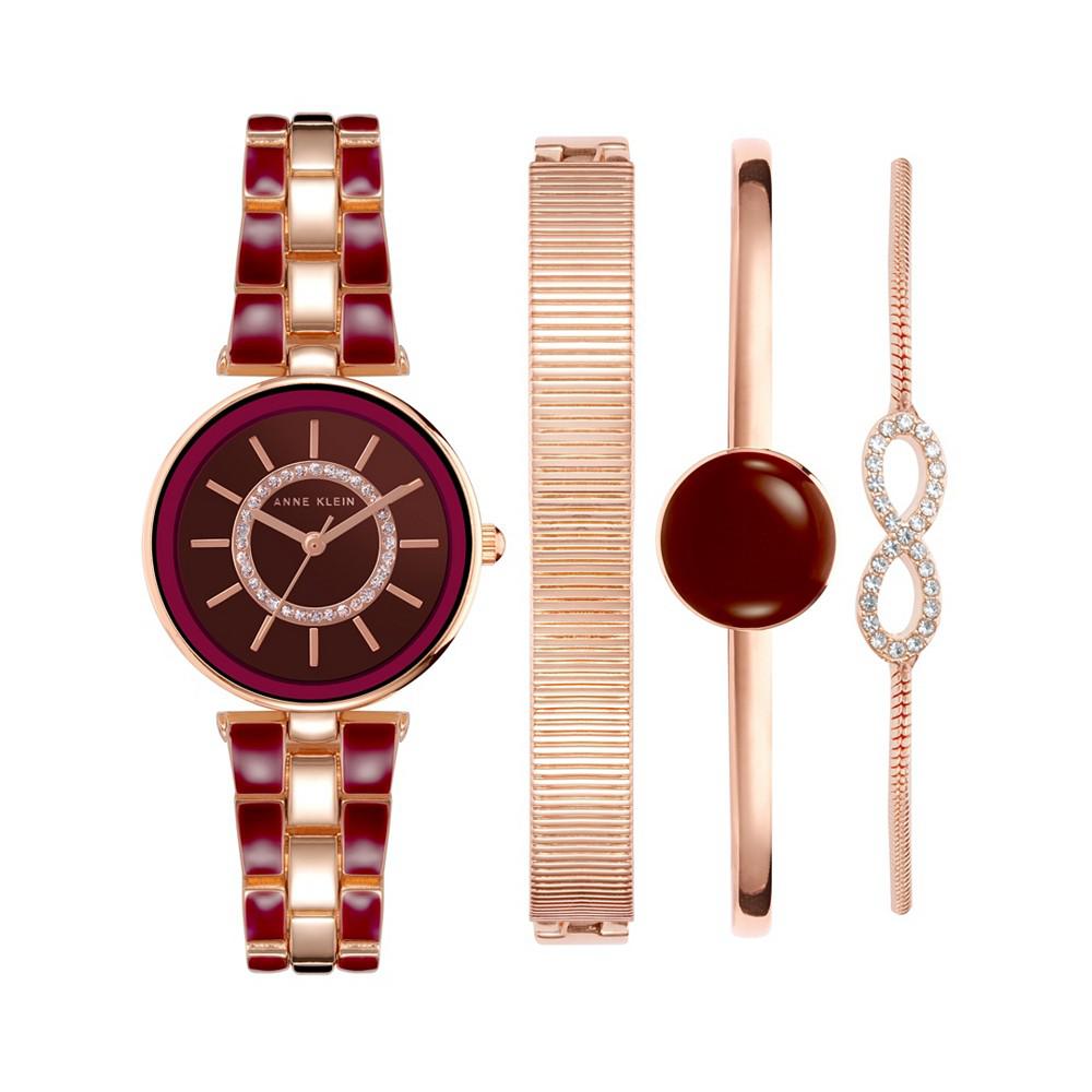 Women's Rose Gold-Tone Alloy Bracelet with Burgundy Enamel and Crystal Accents Fashion Watch 34mm Set 4 Pieces商品第1张图片规格展示