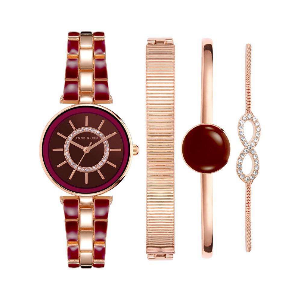 商品Anne Klein|Women's Rose Gold-Tone Alloy Bracelet with Burgundy Enamel and Crystal Accents Fashion Watch 34mm Set 4 Pieces,价格¥1284,第1张图片