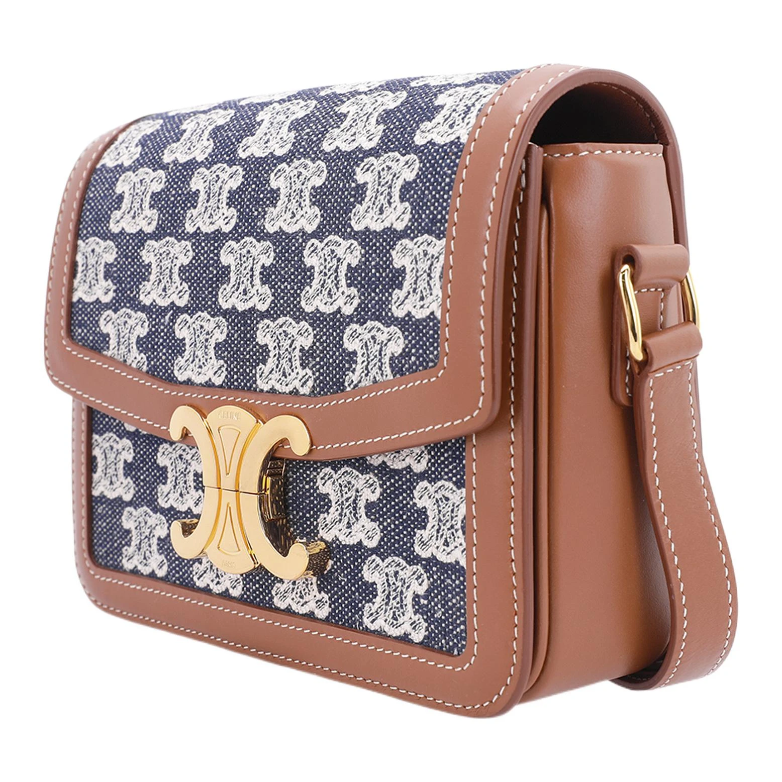 商品[国内直发] Celine|赛琳 Triomphe凯旋门 Teen金色锁扣 刺绣织物拼牛皮革 腋下包手提单肩斜挎包 女款 海军蓝色/黄褐色,价格¥13353,第4张图片详细描述