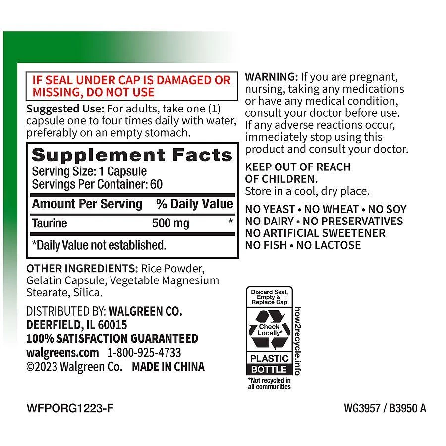 商品Walgreens Free & Pure|Taurine Capsules (60 days),价格¥82,第2张图片详细描述