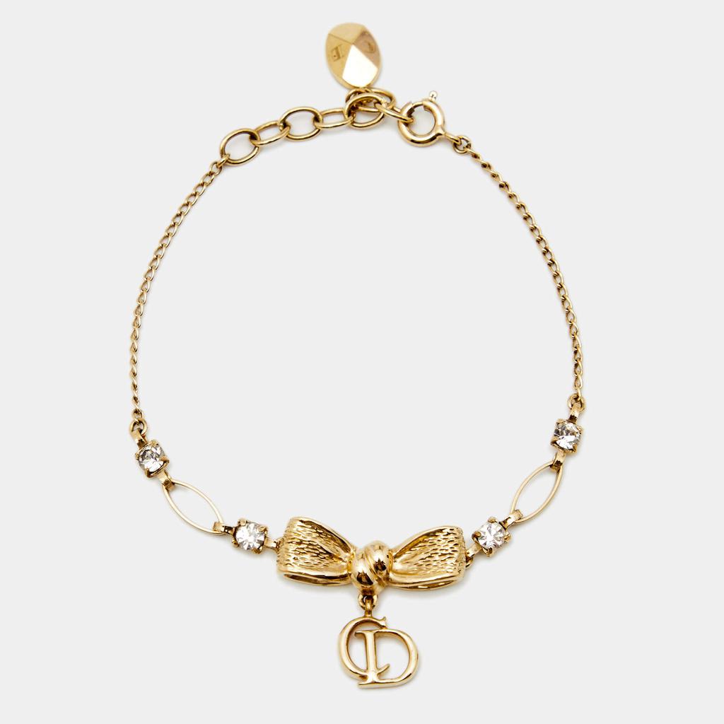 Dior Vintage Gold Tone Crystal Bow Charm Bracelet商品第1张图片规格展示