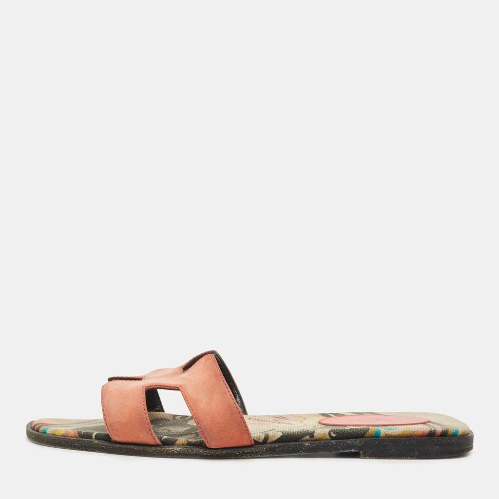 商品[二手商品] Hermes|Hermes Pink Suede Oran Flat Slides Size 38,价格¥3648,第1张图片
