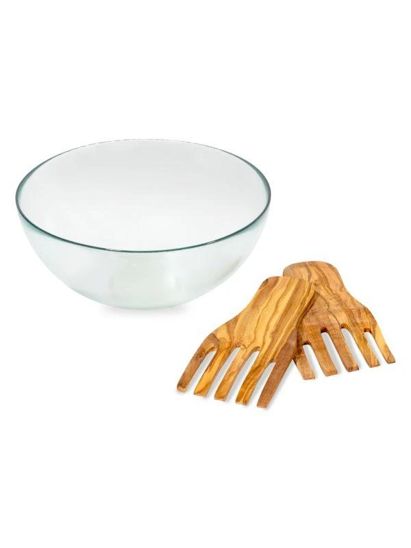商品French Home|3-Piece Urban Recycled Glass Salad Bowl & Olivewood Server Hands,价格¥397,第1张图片