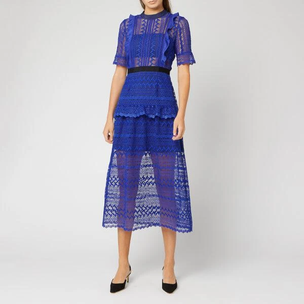 商品Self Portrait|Self-Portrait Women's Short Sleeve Geometric Lace Midi Dress - Cobalt Blue,价格¥1265,第1张图片