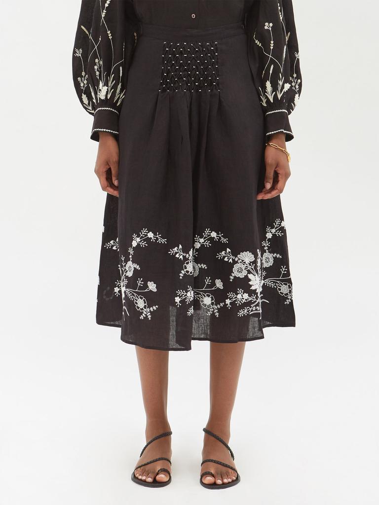 Yulia floral-embroidered linen midi skirt商品第1张图片规格展示